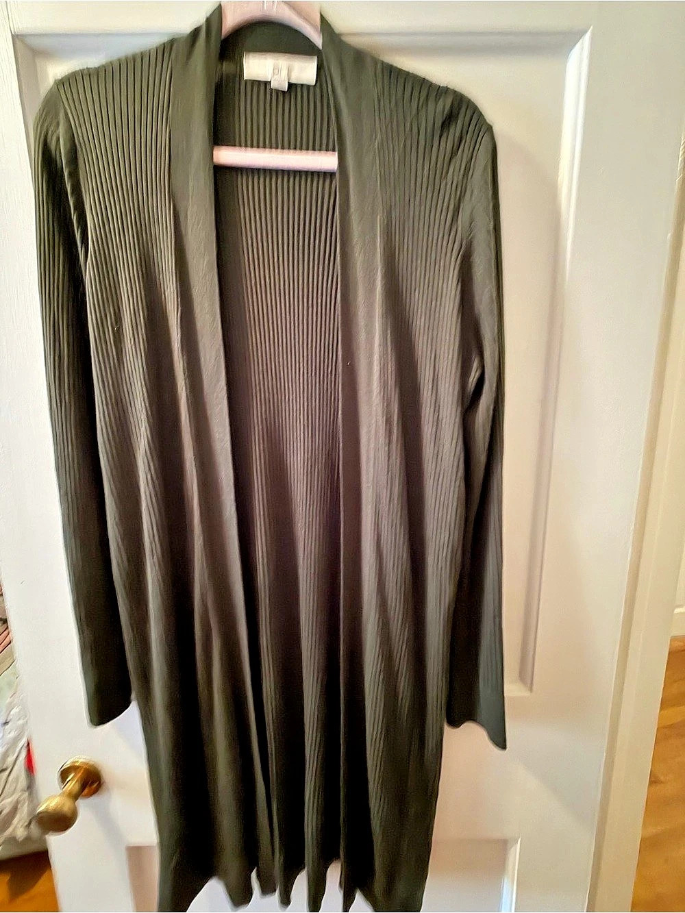 LOFT Ribbed Open Front Cardigan Pleated Green Small